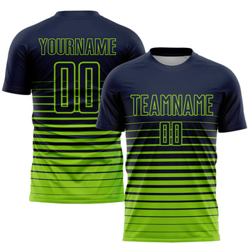 Custom Navy Neon Green Pinstripe Fade Fashion Sublimation Soccer Uniform Jersey