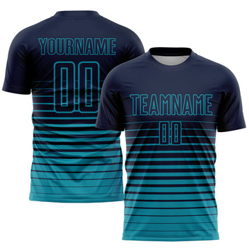 Custom Navy Teal Pinstripe Fade Fashion Sublimation Soccer Uniform Jersey