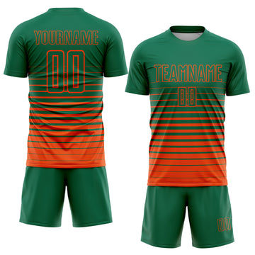 Custom Kelly Green Orange Pinstripe Fade Fashion Sublimation Soccer Uniform Jersey