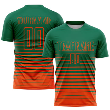 Custom Kelly Green Orange Pinstripe Fade Fashion Sublimation Soccer Uniform Jersey