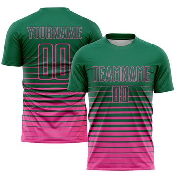 Custom Kelly Green Pink Pinstripe Fade Fashion Sublimation Soccer Uniform Jersey