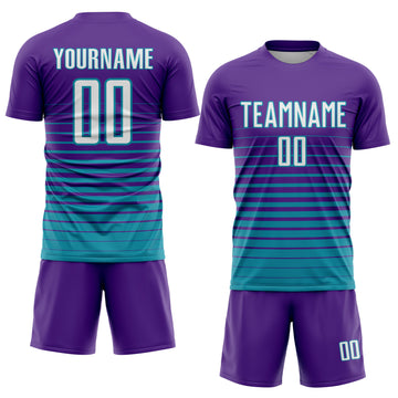 Custom Purple White-Teal Pinstripe Fade Fashion Sublimation Soccer Uniform Jersey