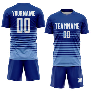 Custom Royal White-Light Blue Pinstripe Fade Fashion Sublimation Soccer Uniform Jersey