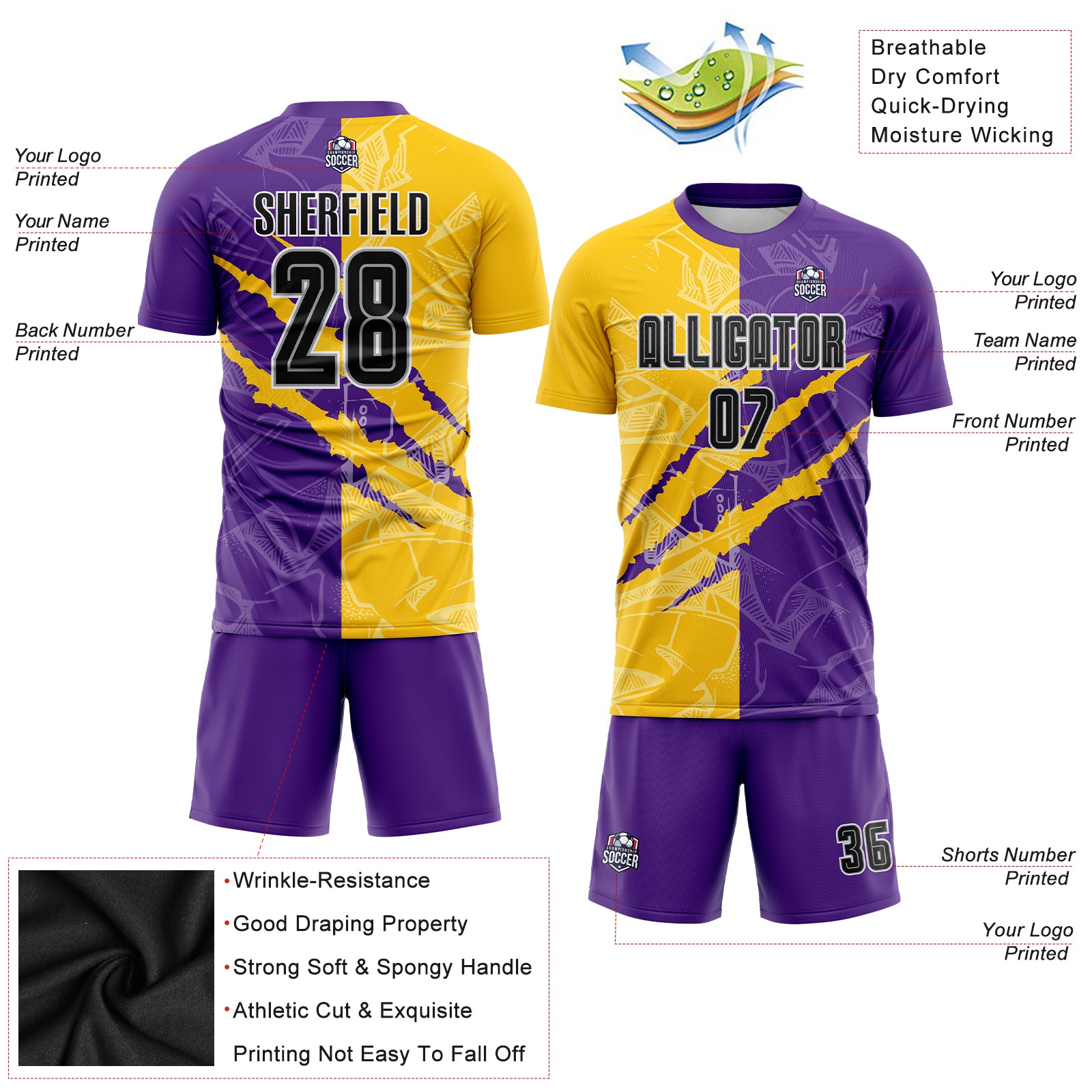 Custom Black Purple-Gold Sublimation Soccer Uniform Jersey