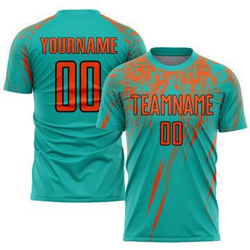 Custom Aqua Orange-Black Sublimation Soccer Uniform Jersey