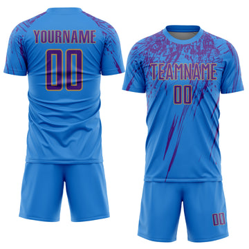 Custom Electric Blue Purple-Old Gold Sublimation Soccer Uniform Jersey