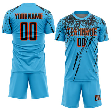Custom Sky Blue Black-Orange Sublimation Soccer Uniform Jersey