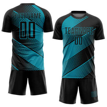 Custom Teal Black Sublimation Soccer Uniform Jersey