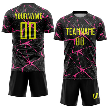 Custom Black Neon Yellow-Pink Sublimation Soccer Uniform Jersey