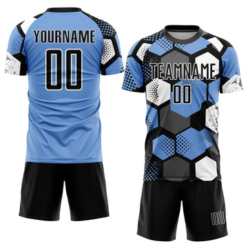 Custom Light Blue Black-White Sublimation Soccer Uniform Jersey