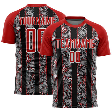 Custom Red Black-White Flowers Sublimation Soccer Uniform Jersey