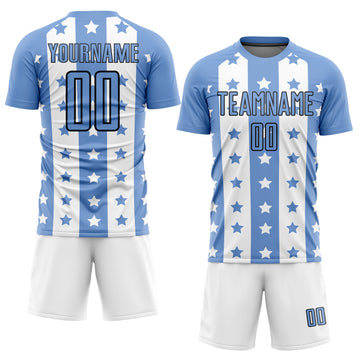 Custom Light Blue Black-White Stars And Stripes Sublimation Soccer Uniform Jersey