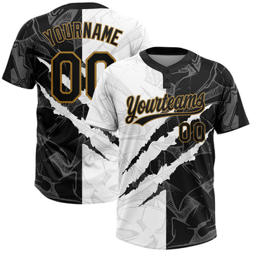 Custom Graffiti Pattern Black-Old Gold 3D Two-Button Unisex Softball Jersey