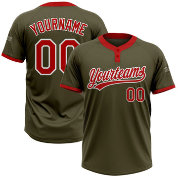 Custom Olive Red-White Salute To Service Two-Button Unisex Softball Jersey