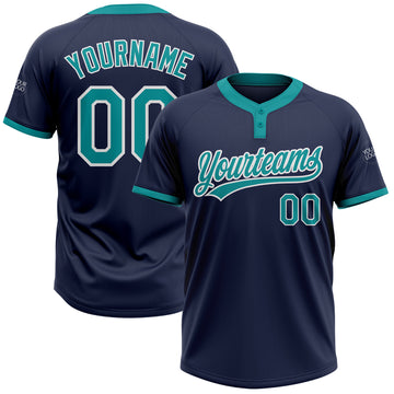 Custom Navy Teal-White Two-Button Unisex Softball Jersey