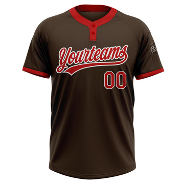 Custom Brown Red-White Two-Button Unisex Softball Jersey