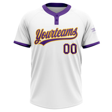Custom White Purple-Gold Two-Button Unisex Softball Jersey