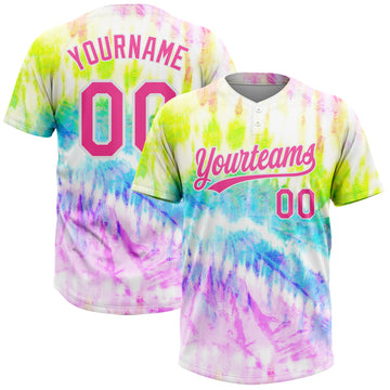 Custom Tie Dye Pink-Purple 3D Rainbow Two-Button Unisex Softball Jersey