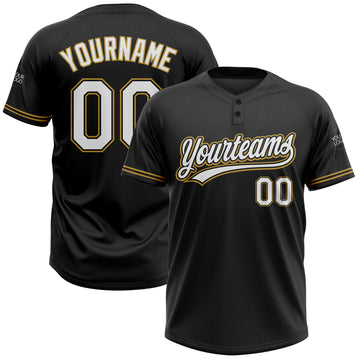 Custom Black White-Old Gold Two-Button Unisex Softball Jersey