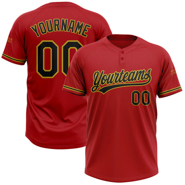 Custom Red Black-Old Gold Two-Button Unisex Softball Jersey