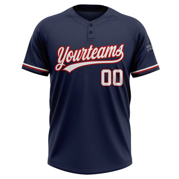 Custom Navy White-Red Two-Button Unisex Softball Jersey