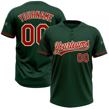 Custom Green Red-Cream Two-Button Unisex Softball Jersey