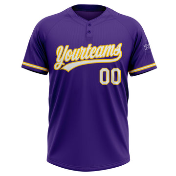 Custom Purple White-Gold Two-Button Unisex Softball Jersey