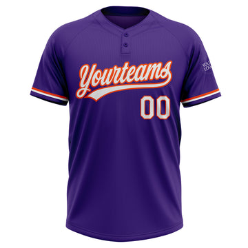 Custom Purple White-Orange Two-Button Unisex Softball Jersey
