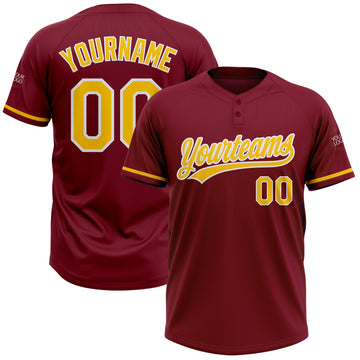 Custom Crimson Yellow-White Two-Button Unisex Softball Jersey