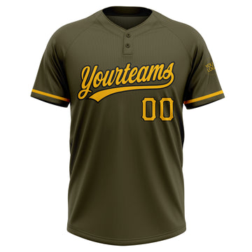 Custom Olive Gold-Black Salute To Service Two-Button Unisex Softball Jersey