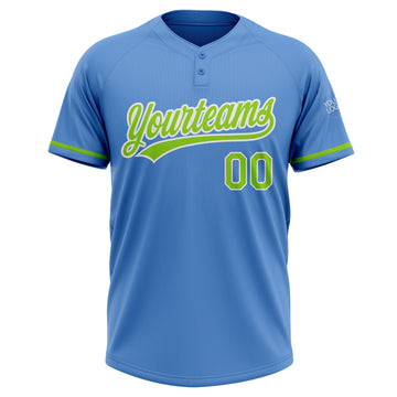 Custom Powder Blue Neon Green-White Two-Button Unisex Softball Jersey