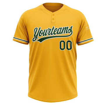 Custom Gold Green-White Two-Button Unisex Softball Jersey