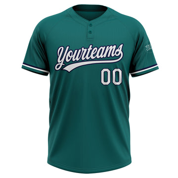 Custom Teal White-Navy Two-Button Unisex Softball Jersey