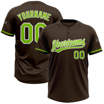 Custom Brown Neon Green-White Two-Button Unisex Softball Jersey