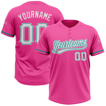 Custom Pink White-Teal Two-Button Unisex Softball Jersey
