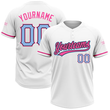 Custom White Light Blue Black-Pink Two-Button Unisex Softball Jersey