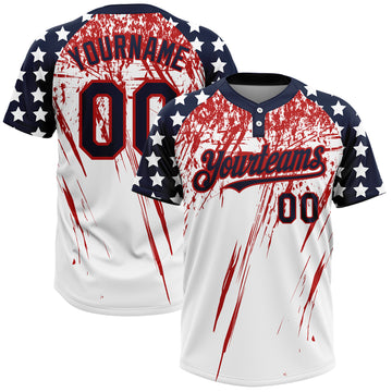 Custom White Navy-Red 3D American Flag Fashion Two-Button Unisex Softball Jersey