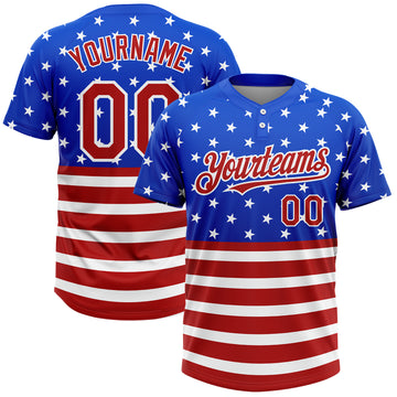 Custom Royal Red-White 3D American Flag Fashion Two-Button Unisex Softball Jersey