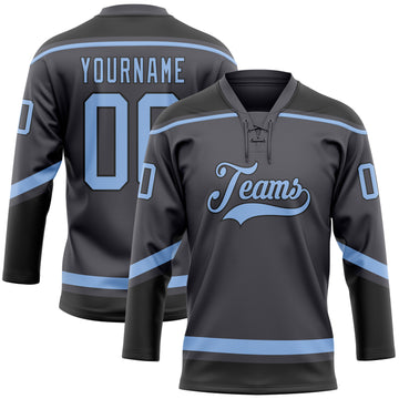 Custom Steel Gray Light Blue-Black Hockey Lace Neck Jersey