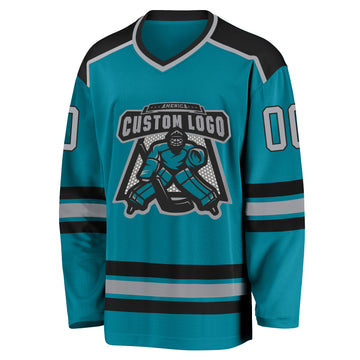 Custom Teal Gray-Black Hockey Jersey