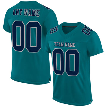 Custom Teal Navy-Gray Mesh Authentic Football Jersey