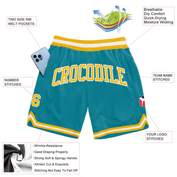 Custom Teal Gold-White Authentic Throwback Basketball Shorts