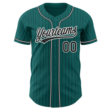 Custom Teal Black Pinstripe Black-White Authentic Baseball Jersey