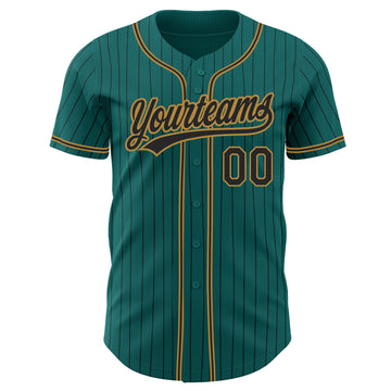 Custom Teal Black Pinstripe Black-Old Gold Authentic Baseball Jersey