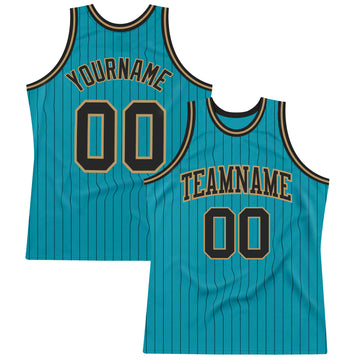 Custom Teal Black Pinstripe Black-Old Gold Authentic Basketball Jersey