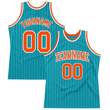 Custom Teal White Pinstripe Orange Authentic Basketball Jersey