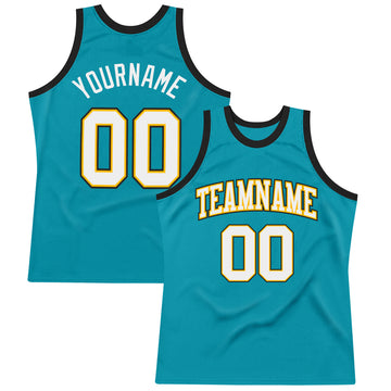 Custom Teal White Gold-Black Authentic Throwback Basketball Jersey