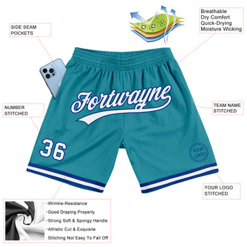 Custom Teal White-Royal Authentic Throwback Basketball Shorts