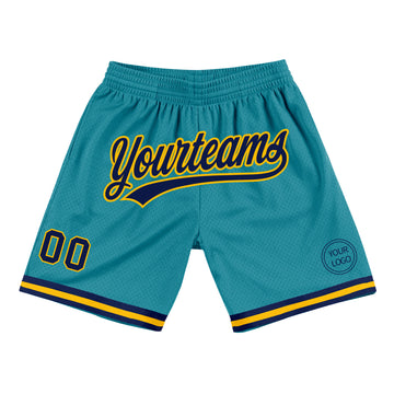 Custom Teal Navy-Gold Authentic Throwback Basketball Shorts