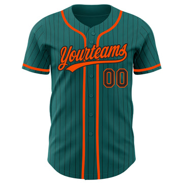 Custom Teal Black Pinstripe Orange Authentic Baseball Jersey